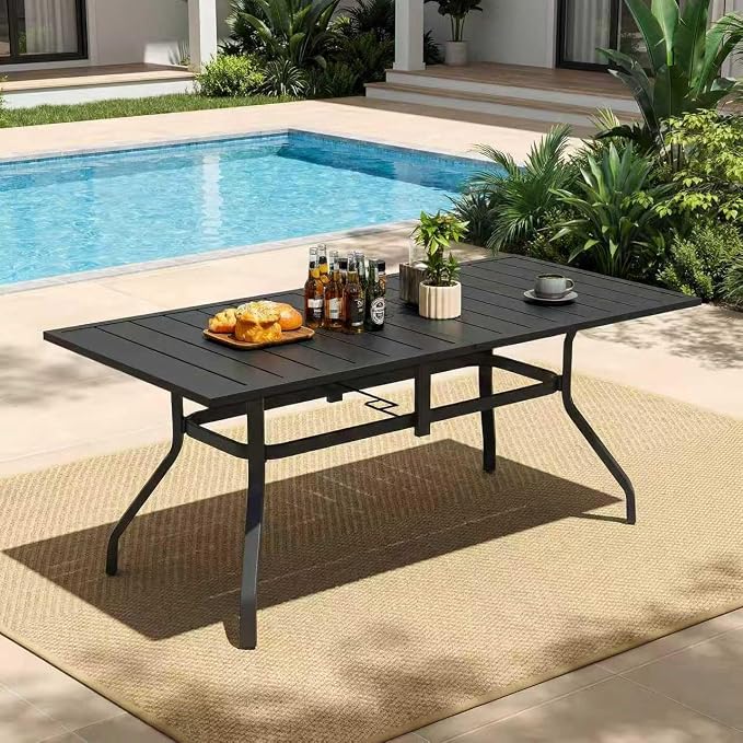 Sour Citrus 62" Rectangular Outdoor Metal Patio Dining Table for 6 with Umbrella Hole, Weather-Resistant Table for Garden, Backyard and Deck, Black