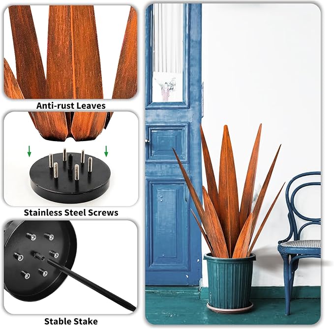 KODIBO 24" Metal Agave Plant Outdoor Decor, Large Garden Sculpture, Rusty | Weather-Resistant Rustproof Metal, Hand-Painted Finish, Tequila Rustic Sculpture, Desert Steel Yard Art, Garden Outdoor Decor
