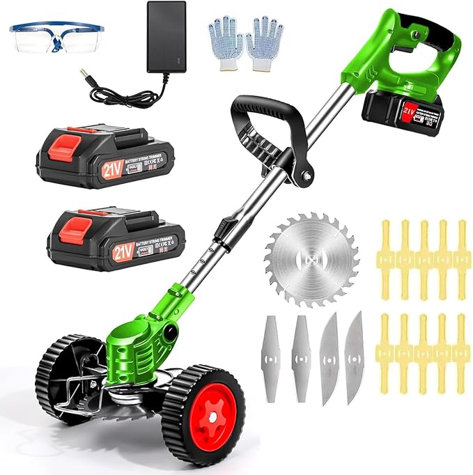 Cordless Weed Wacker 21V Electric Weed Cordless Eater 3-in-1 Grass Trimmer/Brush Cutter/Edger with 2pcs Batteries&Wheels&3Types Blades Lightweight Low Noise Weed Trimmer for Lawn, Garden & Yard