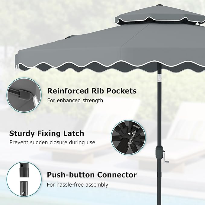 Happygrill 9 FT Patio Umbrella, Scalloped Outdoor Table Market Umbrella with Push Button Tilt & Crank, 2-Tier Vented Top, Heavy-Duty 8 Metal Ribs, Sun-Protective Canopy, Ruffle for Deck Pool Garden (Gray)
