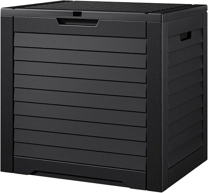 35 Gallon Louvered Outdoor Deck Box, Waterproof Resin Storage Box with Lockable Lid for Patio, Garden, Poolside Toys and Package Delivery