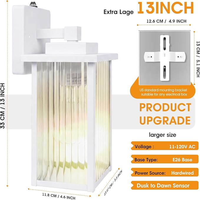 2-Pack 13" White Dusk to Dawn Wall-Mounted Exterior Light Fixtures | Auto On and Off, Anti-Rust Metal Frame, Tempered Glass, E26 Socket, Easy DIY Install on Porch, Garage