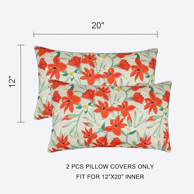 Pyonic Outdoor Pillows Cover Pack of 2 Floral Waterproof Throw Pillow Covers 12X20 inch Outdoor Lumbar Pillows for Patio Furniture Garden Outside Waterproof Throw Pillows