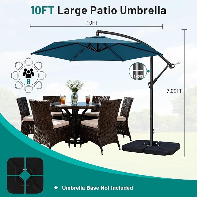 AreShark 10FT Patio Outdoor Umbrella, Offset Patio Umbrella Cantilever Umbrella, 6 Sturdy Ribs, Easy Adjustment for Garden Market Pool with Cross Base (Lake Blue)