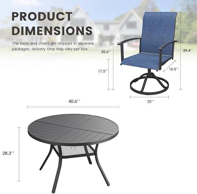 5 Pieces Round Outdoor Table and Chairs Set, Patio Dining Set with 40.6" Round Spliced Outdoor Table and Patio Swivel Chairs for Backyard Lawn Garden, Black Table and Dark Blue Chairs