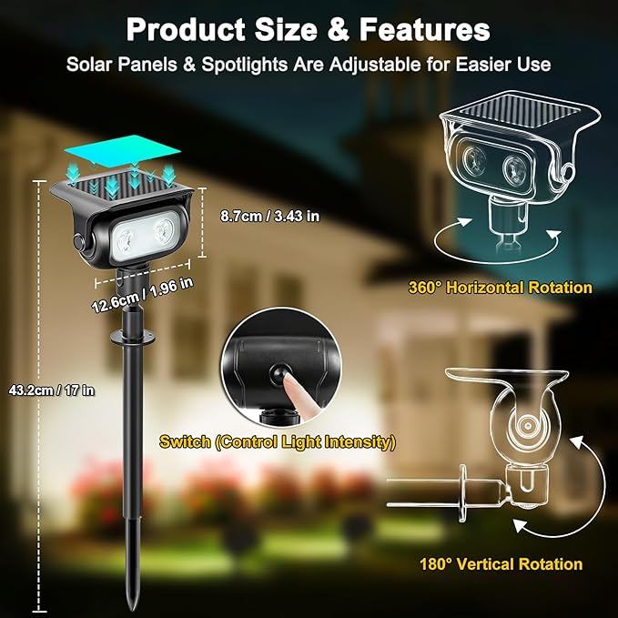 CREATESTAR Solar Landscape Spotlights Outdoor for Garden Ambience, Warm White LED Spot Lights for Tree, Flag Lighting, Adjustable Solar Uplights, Auto On/Off Dusk to Dawn