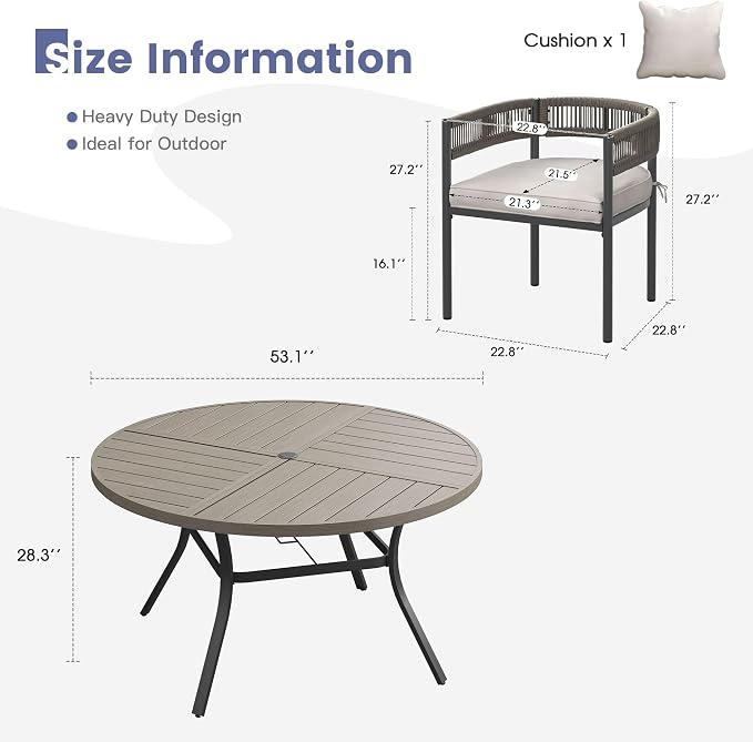 VICLLAX Patio Dining Set, 53.1" Grey Table & 6 Chairs with Wheat Cushion | Outdoor Table and Chairs Set of Round Metal Patio Table, Outdoor Dining Chairs with Metal Frame, Garden Deck Porch