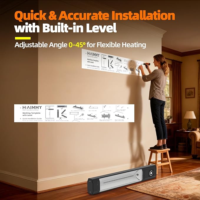 Wall-Mounted 34" 1500W Infrared Electric Patio Heater with Remote & Motion Sensor, 9 Heat Levels, 9H Timer, IPX5 Waterproof for Indoor Outdoor Use Garage Backyard Deck Porch Patio Heaters
