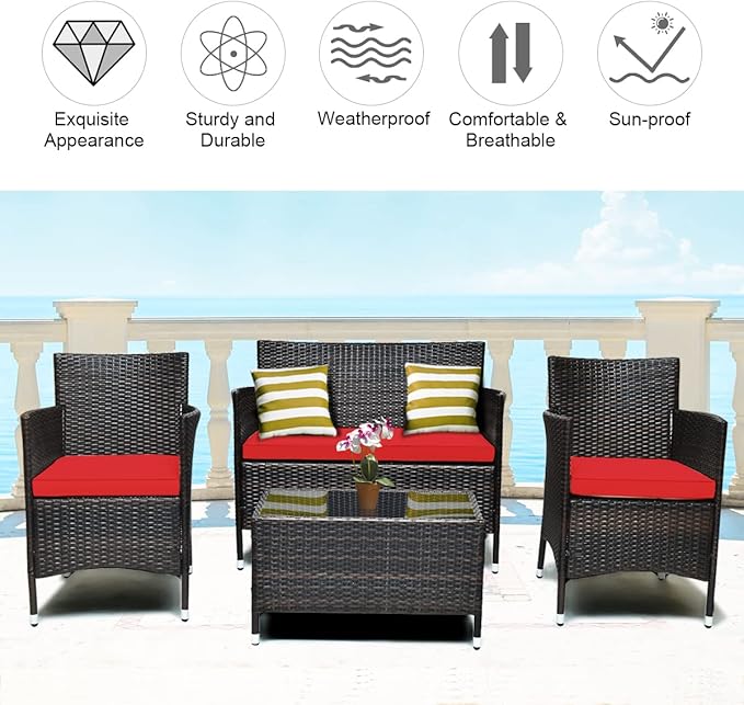 COSTWAY 8PCS Rattan Patio Furniture Set, Outdoor Wicker Rattan Chairs with Coffee Table, Rattan Cushioned Conversation Set for Backyard Balcony Porch Poolside, Red