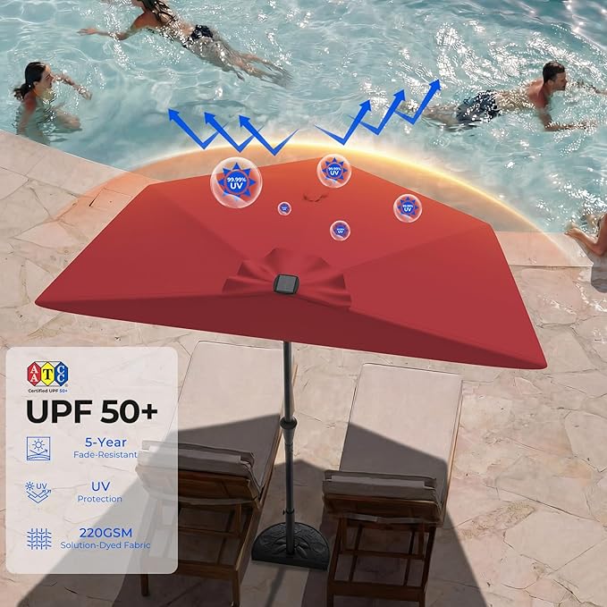 HOMSHADE 9FT Half Patio Umbrella with Solar LED Lights for Outdoor, Waterproof Half Umbrella for Small Spaces, Balcony, Deck(Red)