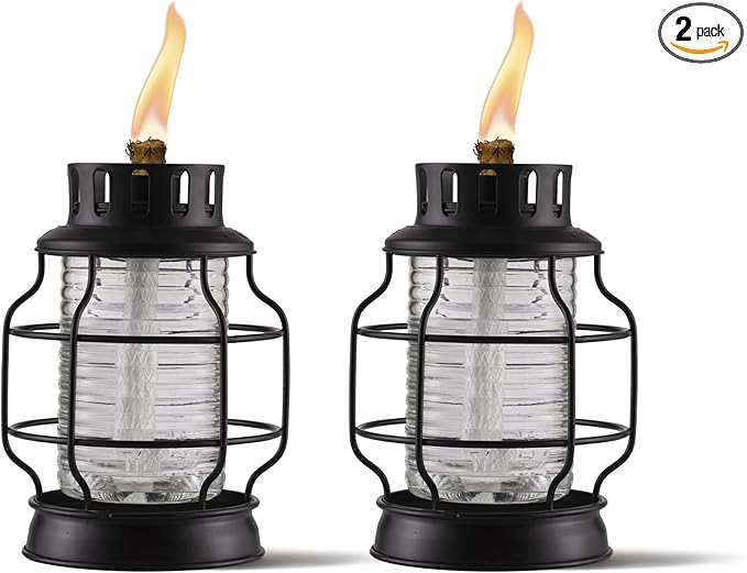 TIKI Tabletop Metal Torch Lanterns, 2-Pack – Stylish Outdoor Tabletop Tiki Torches for Patio, Garden & Backyard, Decorative Torch with Fiberglass Wick & Snuffer, Black