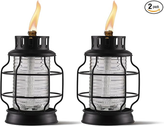 TIKI Tabletop Metal Torch Lanterns, 2-Pack – Stylish Outdoor Tabletop Tiki Torches for Patio, Garden & Backyard, Decorative Torch with Fiberglass Wick & Snuffer, Black