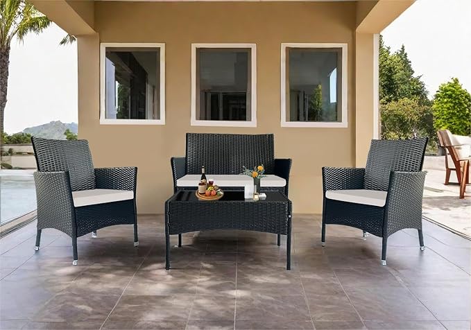 PatLoom 4-Piece Outdoor Furniture Set,Dark Brown Rattan Wicker Patio Sofa,Elegant Patio Conversation Set with Glass Top Coffee Table for Garden, Backyard, Poolside, Balcony (Beige Cushions)
