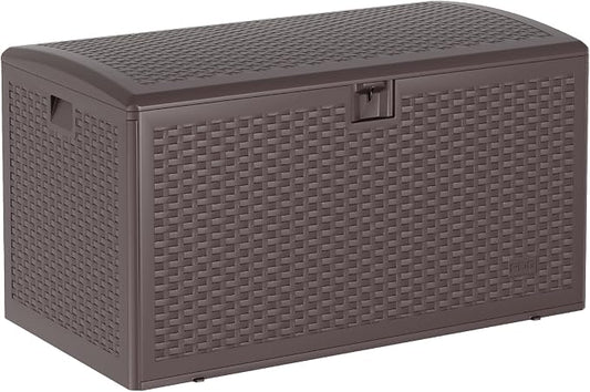 GarveeHome 99 Gallon Outdoor Storage Box, Large Resin Waterproof Deck Box with Lockable Lid, Patio Storage Bin for Cushions, Pool Toys & Garden Tools, Indoor Outdoor Deck Box Bench,Brown