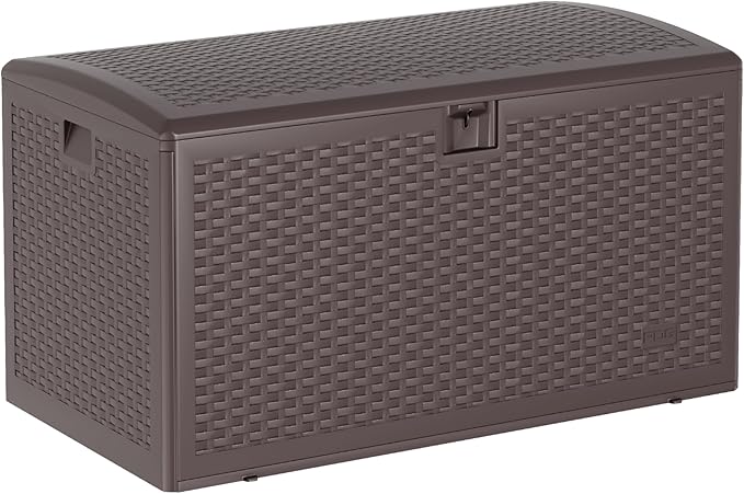 73 Gallon Waterproof Large Resin Deck Box Indoor Outdoor, Lockable Storage Container for Patio Furniture Cushions, Throw Pillows, Garden Tools, and Pool Floats, Brown