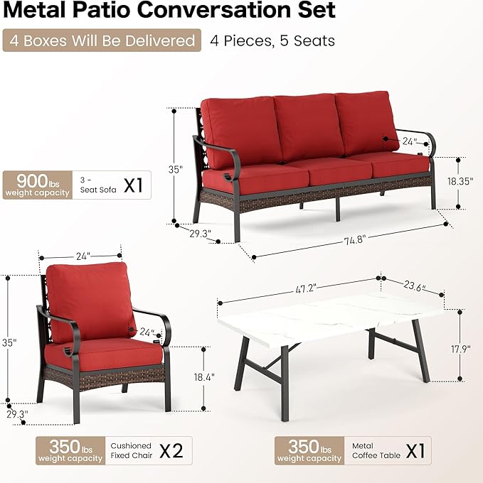4 Piece Metal Outdoor Patio Furniture Set, Patio Conversation Sets 1 3-Seater Sofa, 2 Chairs with 5.75" Extra Thick Cushion and Coffee Table, Black Frame Backyard Furniture, Rust Red
