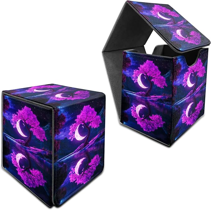 Purple Moon Tree Card Deck Box for MTG, Personalized Card Storage Case Fits 120+ Sleeved Cards, Premium Leather TCG Box with Strong Magnetic Closure for Magic, CCG, PTCG, Baseball Cards