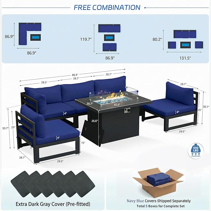 NICESOUL® 6 Piece Modern Extra-Large Aluminum Outdoor Patio Furniture Set with Firepit Table Propane/Natural Gas, 500lbs Heavy Duty 29'' Deep Wide Conversation Sofa for Backyard Garden Deck, Navy Blue