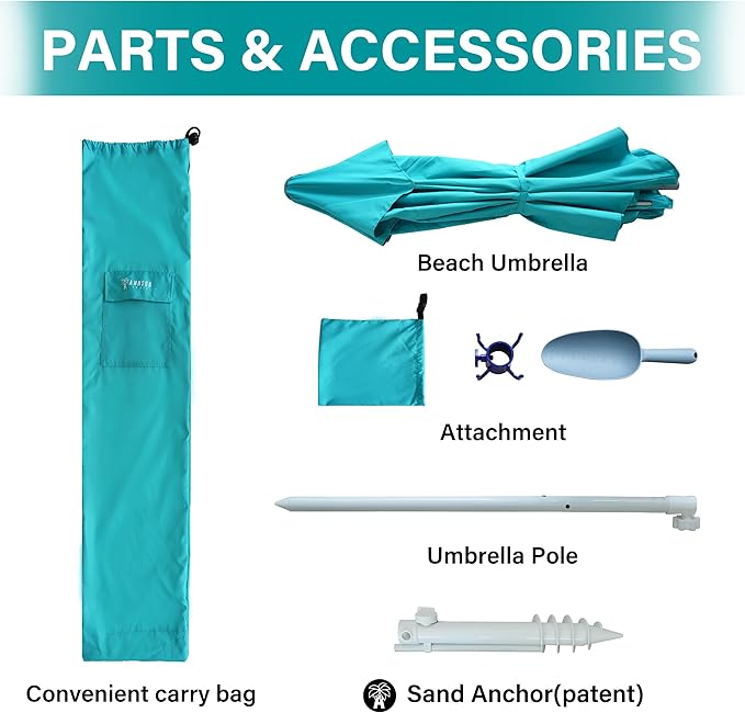 AMMSUN 8ft Large Beach Umbrellas for Sand Heavy Huty Wind Portable Commercial Grade Patio Beach Umbrella with Sand Anchor Adjustable Height Air Vent UPF 50+ Telescoping Pole without tilt Teal