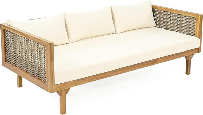 Christopher Knight Home Charm Patio Conversation Set, 3 Seater Acacia Wood Sofa, Spacious Seating Wicker Armrest Chair, Wood Coffee Table, Round Side Table, Outdoor Furniture for Backyard, Beige