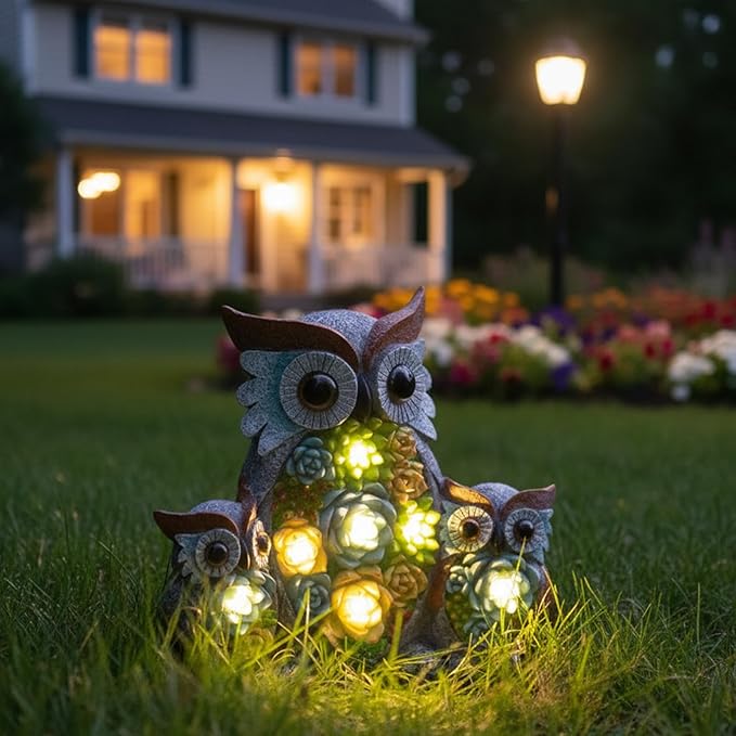 Candieslife Solar Garden Statue Owl Decor – Cute Owl Family Figurines with LED Succulent Lights, Waterproof Outdoor Yard Art Ornaments for Patio, Lawn, Porch, Housewarming Gifts for Women Mom