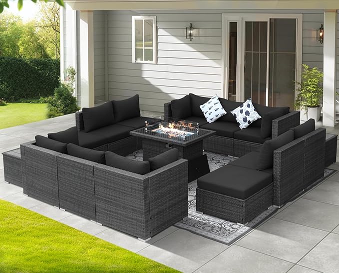 NICESOUL 15 Piece Outdoor Sectional with Fire Pit Table, Modern Luxury Patio Deep Seating w/Firepit, 29.3'' High-Back Wicker Couch Thick, Big High-Weight Capacity Sofa for Terrace, Yard, Dark Gray