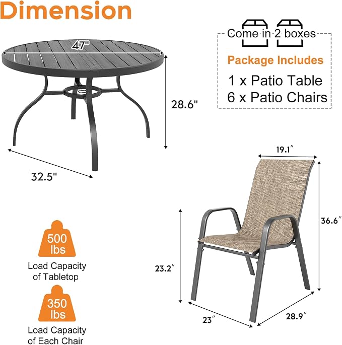 Outdoor Patio Dining Set for 6, 7 Pieces Patio Table and Chairs Set with Umbrella Hole, 47"x 47" Round Metal Wood-Grain Dining Table Set with 6 Stackable Patio Chairs for Deck , Backyard, Porch