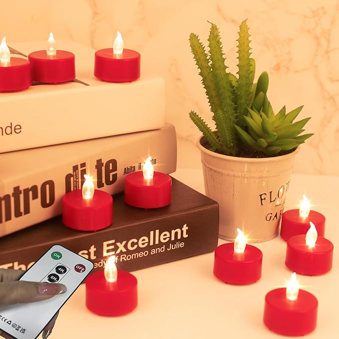Hanzim Tea Light Candles with Remote Control,Flickering Flameless LED Candle,Long Lasting 400+Hours,Battery Operated with Timer for Home Decoration Seasonal &Festival Celebration Red (5pcs)