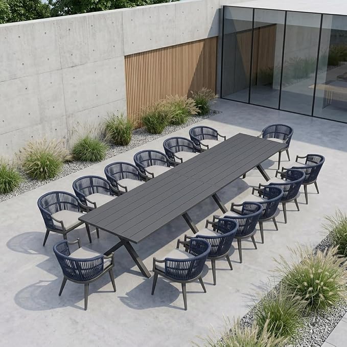 PURPLE LEAF 16 Pieces Outdoor Dining Set All Weather Wicker Patio Dining Set with Rectangular Aluminum Table and Modern Armrest Dining Chairs for Garden Deck Backyard Kitchen, Grey