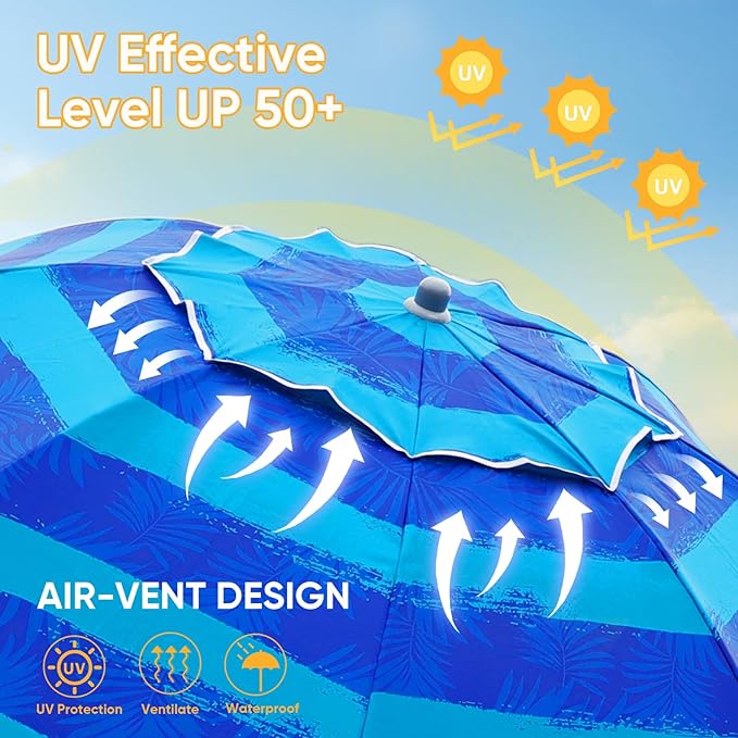 Beach Umbrella w/Sand Anchor & Tilt, Heavy Duty Wind Outdoor Umbrellas with Air Vents Design & Carry Bag, UV 50+ Protection Portable Sun Shade for Patio, Pool, Garden