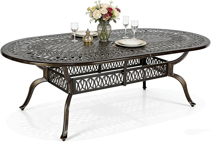MEETWARM Outdoor 84" Oval Patio Dining Table, All Weather Cast Aluminum Large Patio Furniture Table Fits for 6-8 Person with 2" Umbrella Hole, Dark Bronze