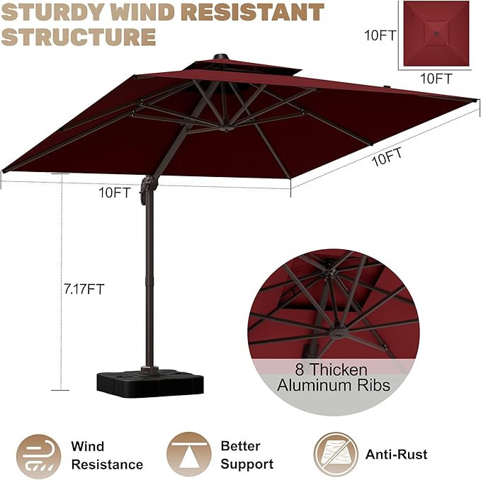 10x10Ft Patio Umbrella Outdoor Cantilever Rectangle Umbrella, 6-Level Tilt & 360° Rotation Offset Umbrella for Garden, Deck, Pool(Red)