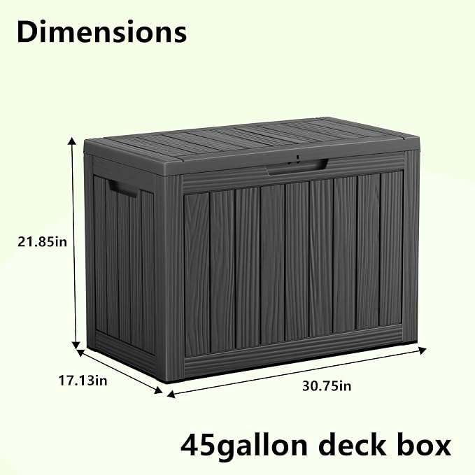 Vixzen 45 Gallon Resin Deck Box, Lockable Outdoor Storage Box for Patio Cushions Storage Furniture,Garden Tools, Pool Supplies, Weatherproof and UV Resistant- Black