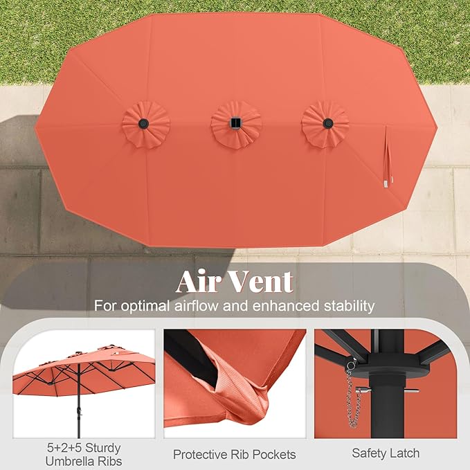 Tangkula 15FT Double-Sided Solar Patio Umbrella, Extra-Large Outdoor Twin Umbrella with 48 LED Lights, Vented Top, Crank Handle, 12 Ribs, Weighted Base Included for Backyard Poolside Deck (Orange)