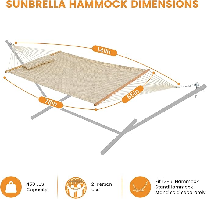 Lazy Daze Hammocks 12 FT Sunbrella Fabric Hammock not Fading with Spreader Bars and Free Pillow Fits for 2 Persons, All Weather and Fade Resistant for Patio Yard, 450 lbs Capacity, Meander Wren