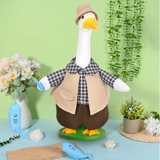 JcHrmers Fishing Porch Goose Outfits Fisherman Lawn Goose Clothes Fit 23" High Cement or Plastic Goose Statue for Outdoor Garden Yard Patio Decor