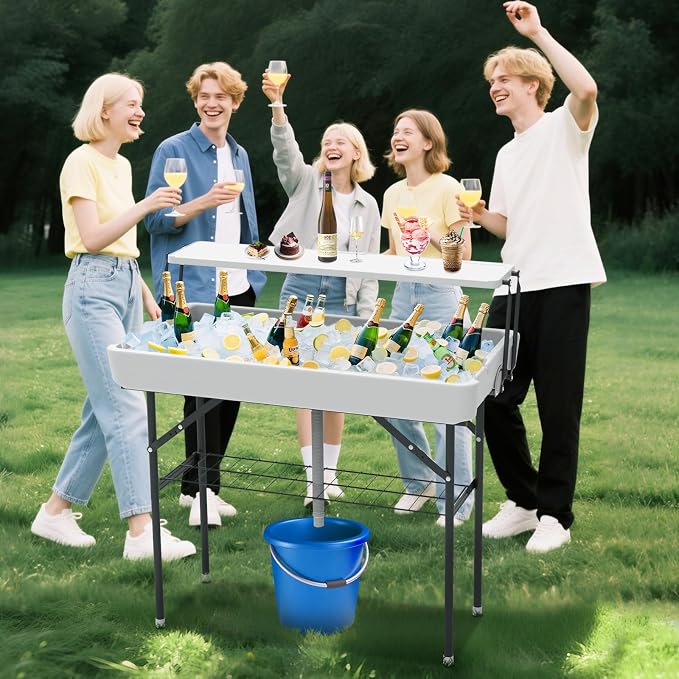 Ice Cooler Folding Table,Double-Layer Party Chilling Table with Drain and Detachable White Skirt to Keep Drinks Cool for Weddings, Outdoor, Picnics, Pool Parties