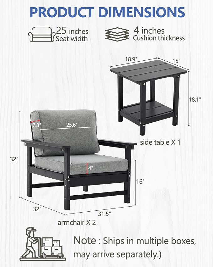 HDPE Outdoor Patio Chair Set with Cushions, 3-Piece Armchair Conversation Set with 2 Weatherproof Armchairs and Side Table, All-Weather Waterproof Deck Chairs for Garden, Porch, Balcony & Backyard