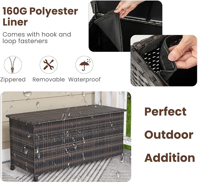 TANGZON 320L Garden Deck Box, Patio Cabinet Container with Polyester Liner, Universal Wheels & Gas Strut, Indoor Outdoor Storage Box for Pillows, Cushions & Tools (with Regularly-Woven Rattan, Brown)
