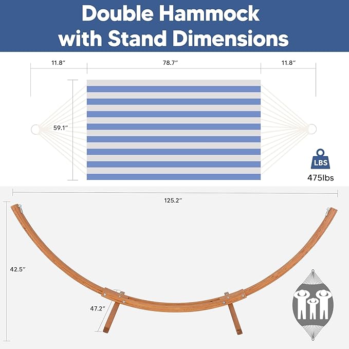 SUNCREAT Hammocks for Outside with Stand, Porch Hammock and Stand, 475 lbs Capacity, Blue & White