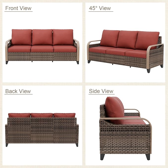 Modern Wicker Patio Furniture Set, Rattan Outdoor Conversation Set with Comfortable Cushions, 3 Seat Couch and 2 Ottomans, 3 Pieces, Brown/Red
