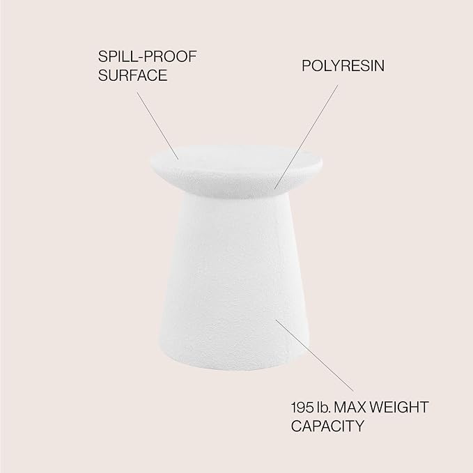 JONATHAN Y Hollie 18" White Frosted Polyresin Outdoor Side Table and Stool, All-Weather Textured Round Pedestal Accent Table for Patio, Garden, Modern Minimalist TBL1108A