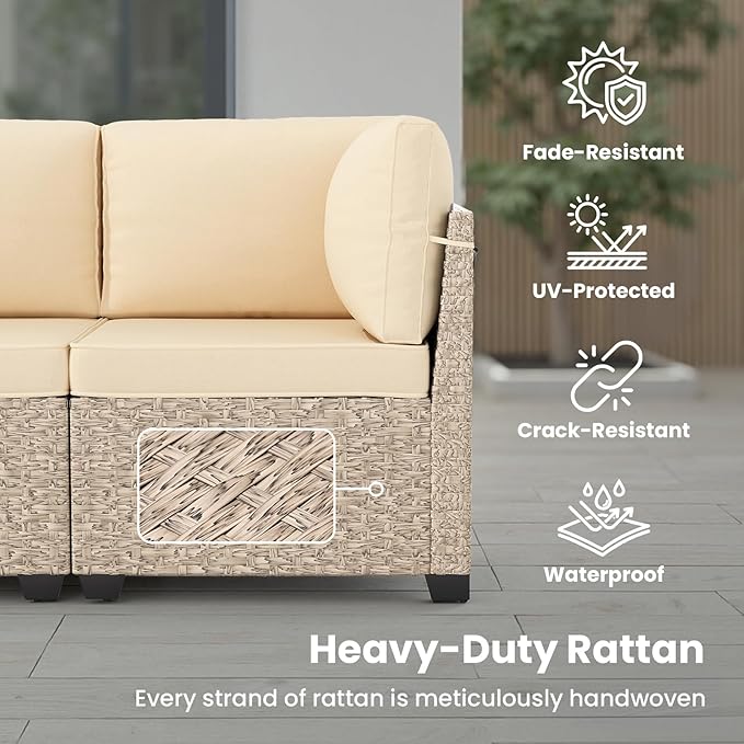 Soohow 7-Piece Patio Furniture Set, Outdoor Sectional All-Weather Wicker Patio Conversation Set for Garden, Porch, Backyard - Beige Cushions