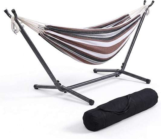 103 Inch Portable Hammock with Stand Included, Heavy Duty Steel Frame with Comfortable Polyester Striped Swing Bed, Carrying Bag for Patio, Garden, Backyard, Indoor & Outdoor (Style A)
