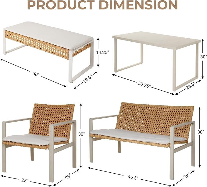 Grand patio 5-piece Outdoor Dining Set, Wicker Patio Dining Table Set for 6 with Seat Cushion, Modern Metal Outdoor Furniture Loveseat Chairs Bench Set for Backyard Garden Deck