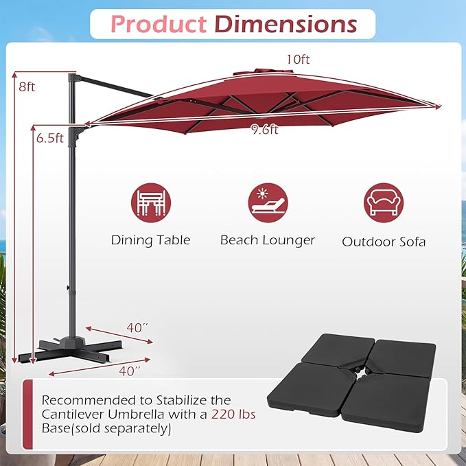 Tangkula 10FT Patio Umbrella, Offset Cantilever Outdoor Umbrella with 360 Degree Rotation, Air Vent, Cross Base for Pool Deck Garden Backyard (Wine)