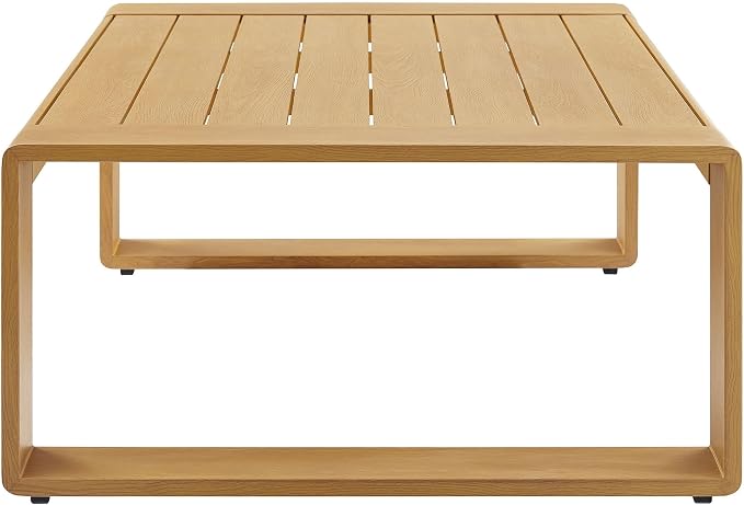 Modway Lirienne Aluminum Faux Wood Outdoor Coffee Table in Natural - 47 Inch Weather-Resistant Modern Rectangle Patio Table with Slatted Top