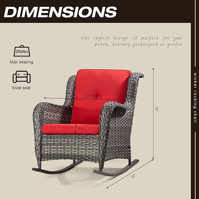 Outdoor Wicker Patio Rocking Chair - All-Weather Lawn Rocking Wicker Furniture with Alloy Steel Frame & Premium Fabric Cushion, Red