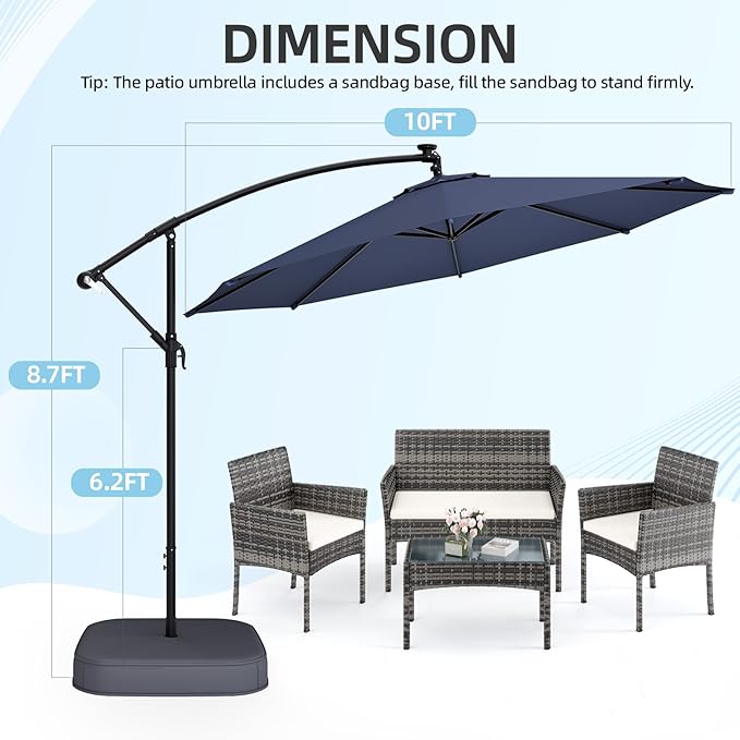 EROMMY 10FT Patio Umbrella with Base Included, Outdoor Offset Cantilever Umbrella, Infinite Tilt, Crank and Cross Base, UV Protection for Backyard, Lawn, Garden & Pool
