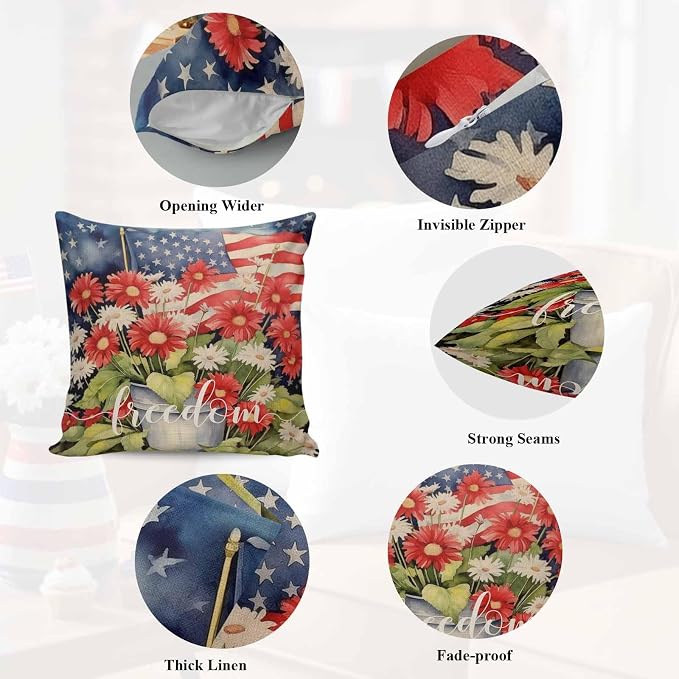 Independence Day Patriotic Flag Outdoor Pillow Covers 18x18in Pack of 2 Waterproof Pillowcase Blossom Flower Green Leaves Decorative Throw Cushion Case for Patio Couch Sofa